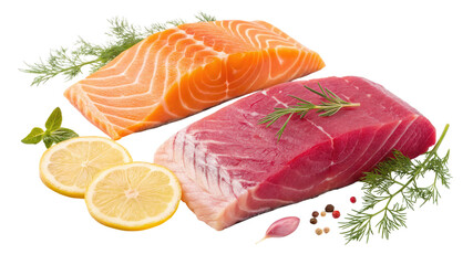Fresh raw salmon and tuna fillet isolated on transparent background, lemon slices