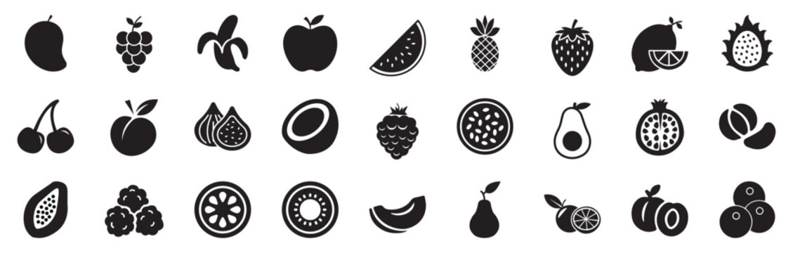 Food fruits glyph icon set. Vector pictograms of banana, strawberry, pineapple, watermelon, grapes, mango, blueberries, peach, cherry, lemon, avocado, pear, black sign silhouette. vector eps file.