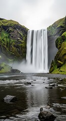 Centered Composition of a Moss-Covered Waterfall. Serene Waterfall Scene with Misty Spray and River. Dramatic Waterfall Landscape on an Overcast Day.
