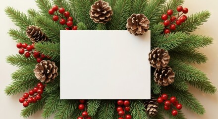 Festive christmas wreath with blank paper for holiday greetings and decorations