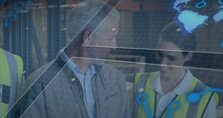 Reviewing AR overlay warehouse staff examining digital grid in aisle with safety vests and shelving