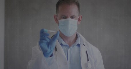 Extending doctor presenting test tube with sample in lab, with stethoscope surgical mask and gloves