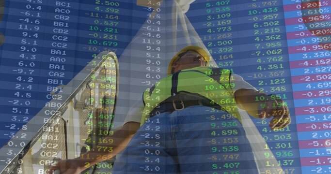 Inspecting construction worker wearing safety vest and hard hat on scaffolding, with data overlay - Powered by Adobe