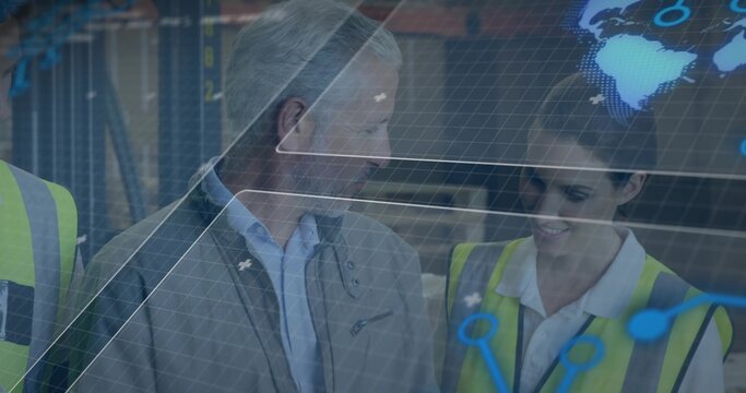 Reviewing AR overlay warehouse staff examining digital grid in aisle with safety vests and shelving