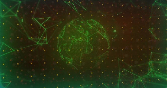Naklejki Spinning wireframe Earth globe in cyberspace grid with floating yellow pixels and green connections