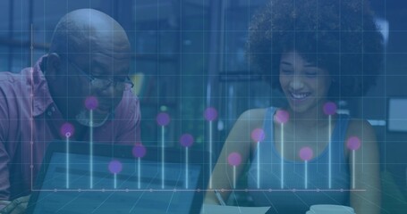 Collaborating colleagues analyzing data on laptop at office desk, with notebook and chart overlay