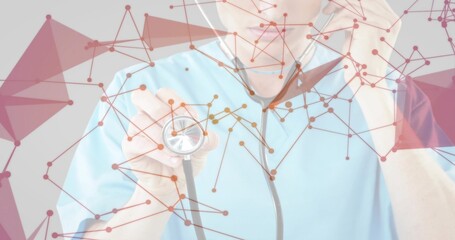 Holding stethoscope doctor in scrubs adjusting ear tip in lab with digital network overlay