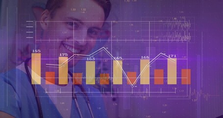 Standing medical professional presenting patient data at clinic, stethoscope, infographic overlays