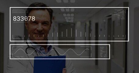 Doctor in white coat reviewing overlays in hospital corridor holding blue clipboard and stethoscope