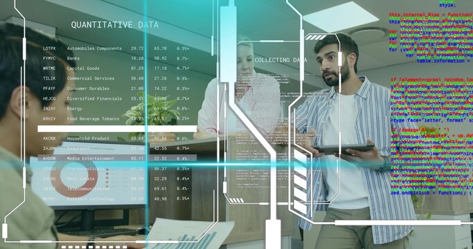 Project lead and data analyst leaning on desk in conference room, with tablet and digital overlays - Powered by Adobe