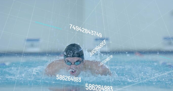 Swimmer in swim cap and goggles swimming in pool lane, with water, ropes, numeric grid graphics