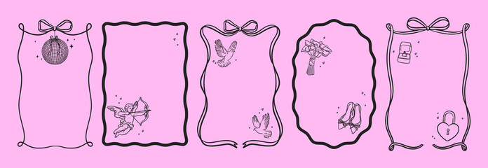 Romantic wedding frame set with hand drawn ribbon, bow and bold line. Doodle vector bachelorette party element. Cupid, doves, bouquet, heart lock, ring for Valentine cards, bridal invitations.