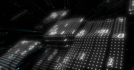 Glowing digital panels hovering in cyberspace, with binary dot-matrix digits and light-blue streaks