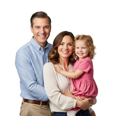 A smiling caucasian family portrait featuring parents and their young daughter embracing together isolated on transparent background