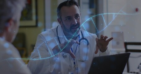 Gesturing male doctor explaining genetic test in office exam room, with holographic DNA helix