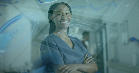 Standing nurse wearing scrubs crossing arms in medical corridor, with digital chart overlays