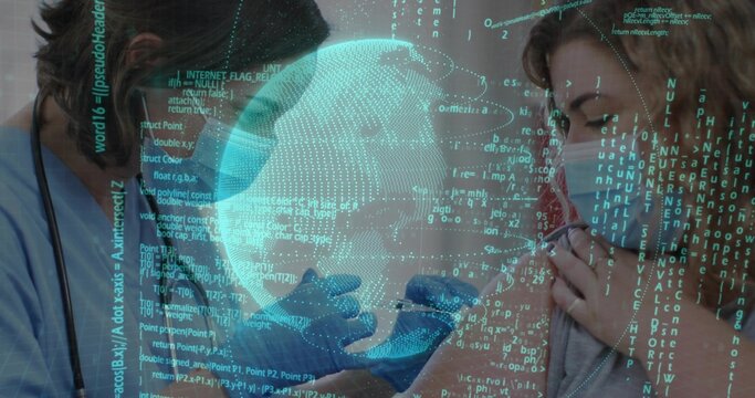 Dr in scrubs using stethoscope on masked patient chest in clinic with hologram globe, code overlay