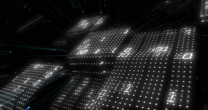 Glowing digital panels hovering in cyberspace, with binary dot-matrix digits and light-blue streaks