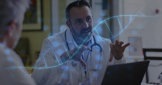 Gesturing male doctor explaining genetic test in office exam room, with holographic DNA helix
