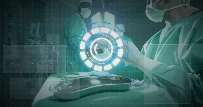 Surgeon in gown adjusting holographic interface in operating room with instrument tray, copy space