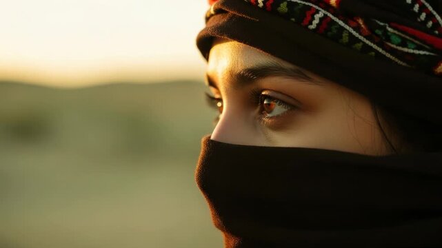 Closeup of a womans eyes and headscarf in the desert at sunset