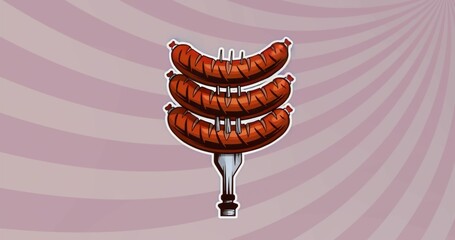 Skewering three grilled sausages on metal fork in graphic design pastel spiral backdrop