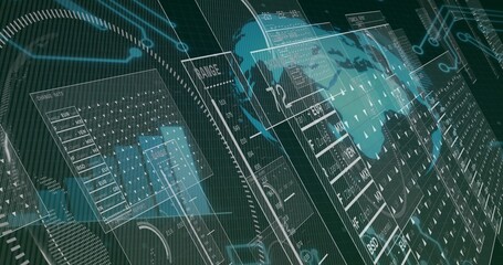 Displaying dashboard over dark grid, showing layered translucent panels and currency tables