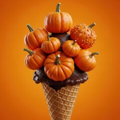 Whimsical autumn harvest ice cream cone filled with assorted pumpkins and gourds