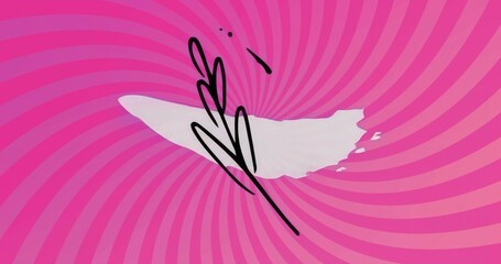 Showing white paint stroke covering pink-purple spiral backdrop in graphic art and black scribbles