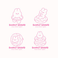 Delightful donut logo set featuring cute bunny characters in donut suits and sitting on donuts. Pink monoline illustration for bakery branding and dessert identity.