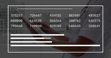 Swiping clinician in lab coat reviewing tablet data in clinic, with stethoscope, digital overlay