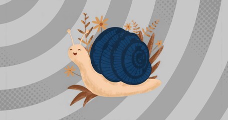 Sliding cartoon snail gliding across grey-striped backdrop, with tan leaves and tiny orange flowers