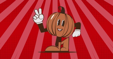 Standing pumpkin showing peace sign at pop-art red radial background, with white gloves black limbs