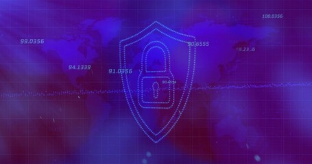 Showing cybersecurity interface with world map, data grid, dotted-line shield padlock and waveform