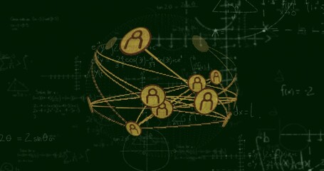 Showing spherical network glowing over green field, with yellow lines, nodes and math formulas