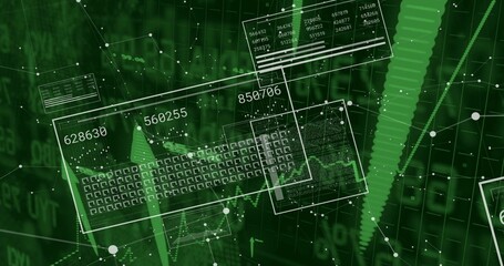 Presenting data grid in cyberspace with translucent panels numeric values line charts dotted nodes