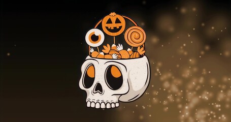 Floating skull holding pumpkin lollipop, candy eyeball and candy corns on dark gradient with bokeh