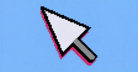 Displaying pixel-art cursor arrow with black outline and pink drop shadow on light blue field