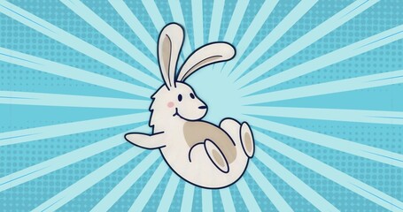 Floating cartoon rabbit drifting over blue pop art beams, abstract halftone dot pattern