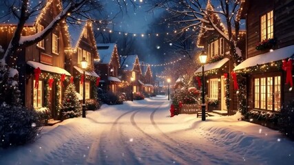 A festive Christmas scene featuring alley in snow ,Christmas ambience, snow falling outside, Christmas ambience videos, Christmas decoration, snow falling outside, Christmas lights and snow falling - Powered by Adobe
