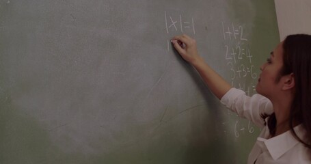 Writing teacher solving absolute value equation on green chalkboard holding white chalk, copy space