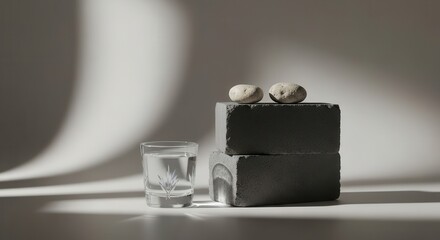 Minimalist still life of a small plant in a black pot next to a clear glass of water with soft shadows