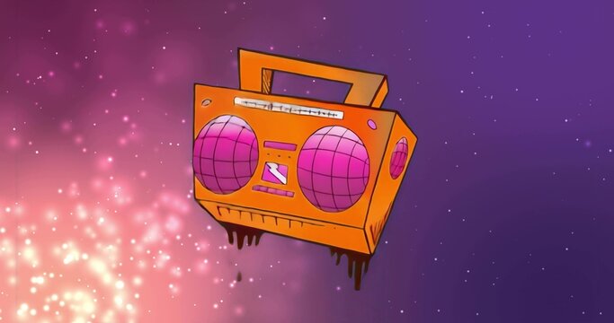 Naklejki Floating orange boombox with pink speakers dripping black liquid in cosmic space, with pink nebula