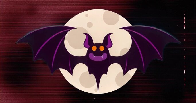 Naklejki Flapping cartoon bat spreading purple wings in abstract night scene, with full moon silhouette