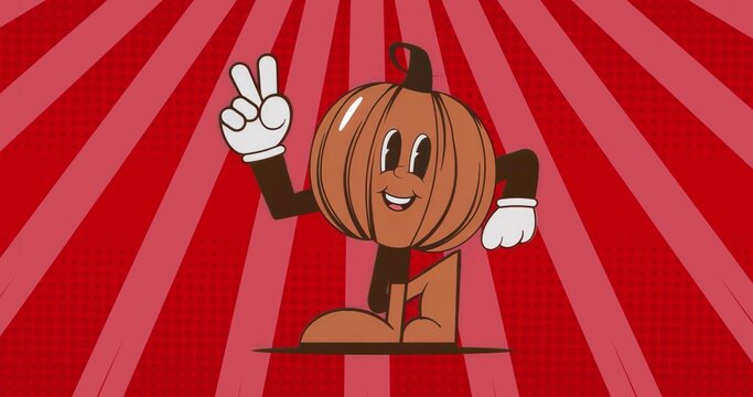 Standing pumpkin showing peace sign at pop-art red radial background, with white gloves black limbs