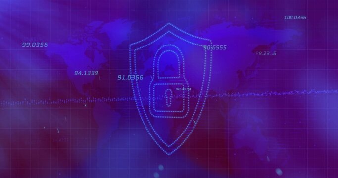 Showing cybersecurity interface with world map, data grid, dotted-line shield padlock and waveform