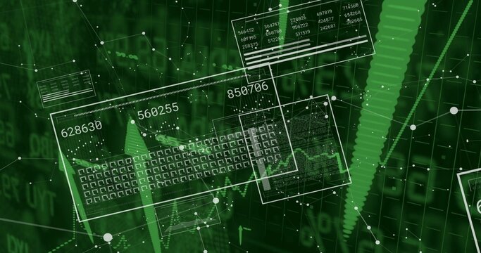 Presenting data grid in cyberspace with translucent panels numeric values line charts dotted nodes - Powered by Adobe