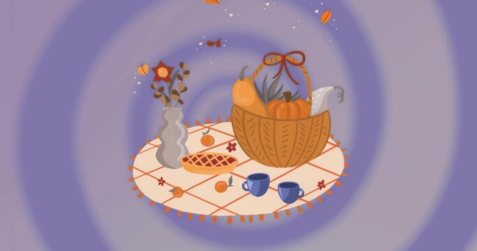 Fototapeta Wicker basket of gourds and corn sitting on patterned cloth, with pie, mugs, vase, floating leaves