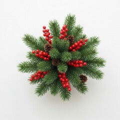 Festive christmas centerpiece arrangement with evergreen branches berries and pine cones