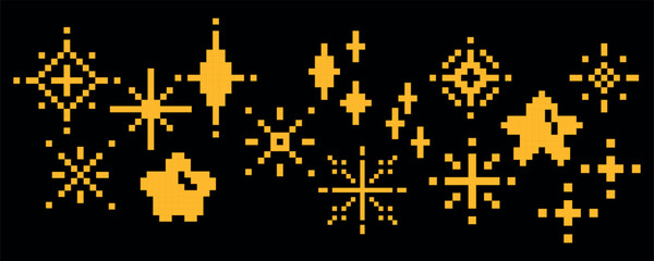 Pixel Sparkling Stars and Hearts Set – 8bit White Shapes on Black Background for Y2K and Retro Digital Design Vector